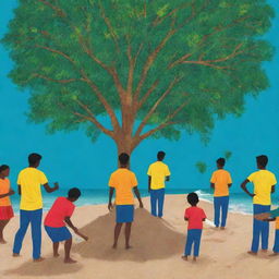 An abstract AI-generated art piece illustrating vibrant young individuals participating in community projects fostering positive social change in Sri Lanka. Visual metaphors such as tree planting, beach cleanup, and classroom teaching are present.