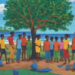 An abstract AI-generated art piece illustrating vibrant young individuals participating in community projects fostering positive social change in Sri Lanka. Visual metaphors such as tree planting, beach cleanup, and classroom teaching are present.