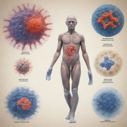 Visual narrative of evolution starting from inorganic molecules, forming complex cells, then growing into a fully developed human body, highlighting key transformative stages.