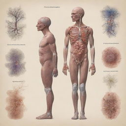 Visual narrative of evolution starting from inorganic molecules, forming complex cells, then growing into a fully developed human body, highlighting key transformative stages.