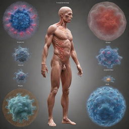 Visual narrative of evolution starting from inorganic molecules, forming complex cells, then growing into a fully developed human body, highlighting key transformative stages.