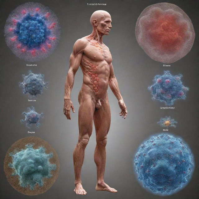 Visual narrative of evolution starting from inorganic molecules, forming complex cells, then growing into a fully developed human body, highlighting key transformative stages.