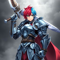 A striking agender human fighter holding a massive greatsword raised above their head