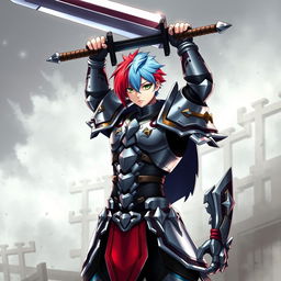 A striking agender human fighter holding a massive greatsword raised above their head