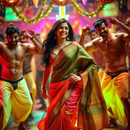 A stunning portrayal of a hot item dance featuring Kriti Sanon, elegantly dressed in a traditional saree that beautifully drapes around her figure, exuding confidence and charm