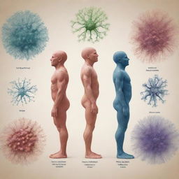 Visual narrative of evolution starting from inorganic molecules, forming complex cells, then growing into a fully developed human body, highlighting key transformative stages.