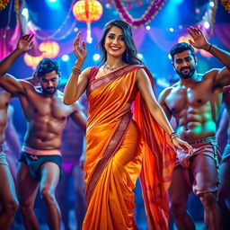 A stunning portrayal of a hot item dance featuring Kriti Sanon, elegantly dressed in a traditional saree that beautifully drapes around her figure, exuding confidence and charm