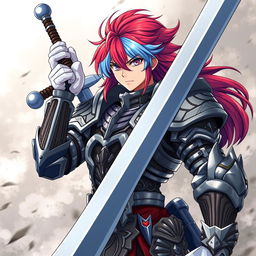 A tough-looking agender human fighter gripping a massive greatsword raised confidently above their head