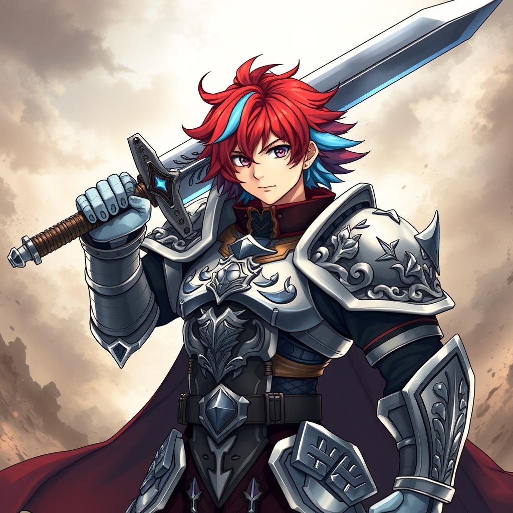 A tough-looking agender human fighter gripping a massive greatsword raised confidently above their head