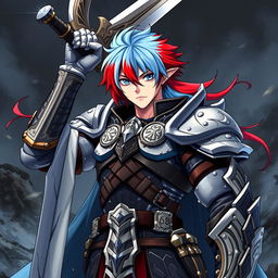 A tough-looking agender human fighter gripping a massive greatsword raised confidently above their head