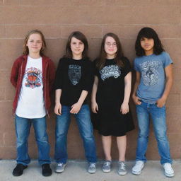 Three middle school students posing for a rock band album cover