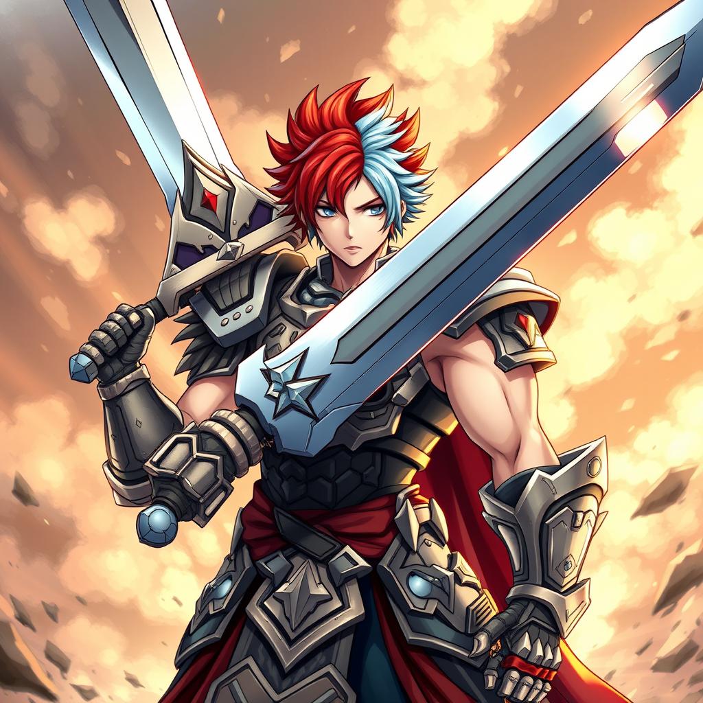 A powerful agender human fighter, with a massive greatsword raised high, epitomizing strength and resilience