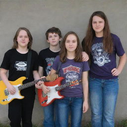 Three middle school students posing for a rock band album cover