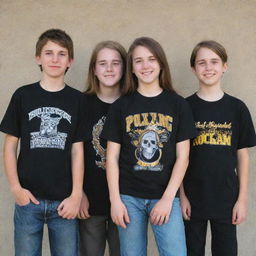 Three middle school students posing for a rock band album cover