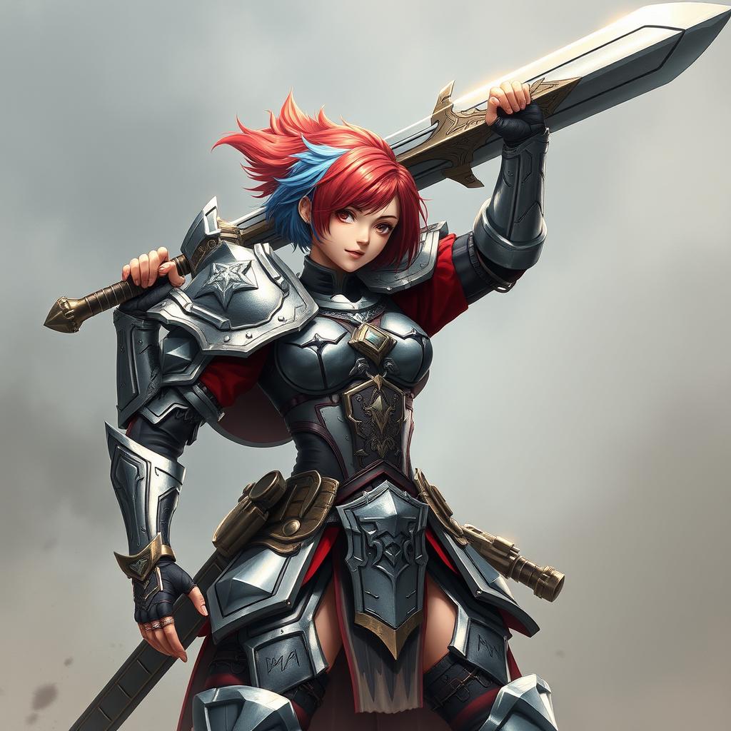 An agender human fighter showcasing a feminine body type, brandishing a massive greatsword raised high in a fierce battle-ready pose