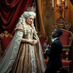 A regal scene depicting a beautiful, elegant white queen in a luxurious setting, adorned in ornate royal attire with intricate detailing and sparkling jewels