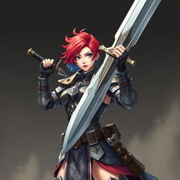 An agender human fighter showcasing a feminine body type, brandishing a massive greatsword raised high in a fierce battle-ready pose