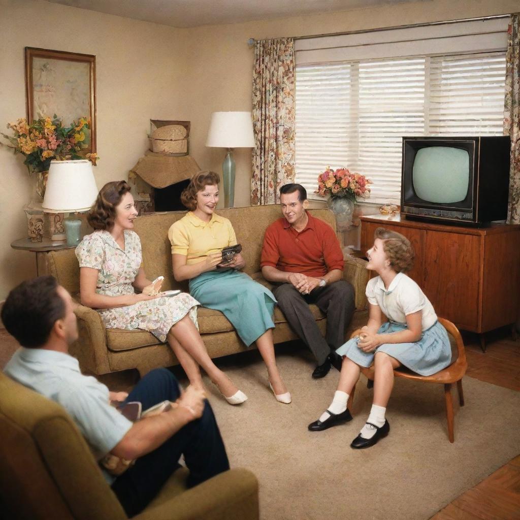 A cheerful 1950s family gathered in a home filled with mid-century furniture, wearing era-appropriate clothing, and enjoying common pastimes such as watching a vintage television or listening to a vinyl record.