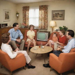 A cheerful 1950s family gathered in a home filled with mid-century furniture, wearing era-appropriate clothing, and enjoying common pastimes such as watching a vintage television or listening to a vinyl record.