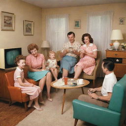 A cheerful 1950s family gathered in a home filled with mid-century furniture, wearing era-appropriate clothing, and enjoying common pastimes such as watching a vintage television or listening to a vinyl record.