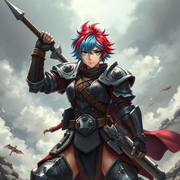 An agender human fighter with a female body type, portrayed as tough and resilient, wielding a massive greatsword raised high in a powerful battle stance