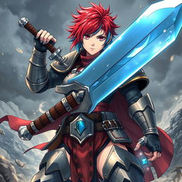 An agender human fighter with a female body type, portrayed as tough and resilient, wielding a massive greatsword raised high in a powerful battle stance