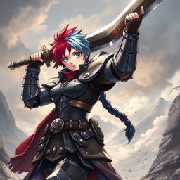 An agender human fighter with a female body type, portrayed as tough and resilient, wielding a massive greatsword raised high in a powerful battle stance