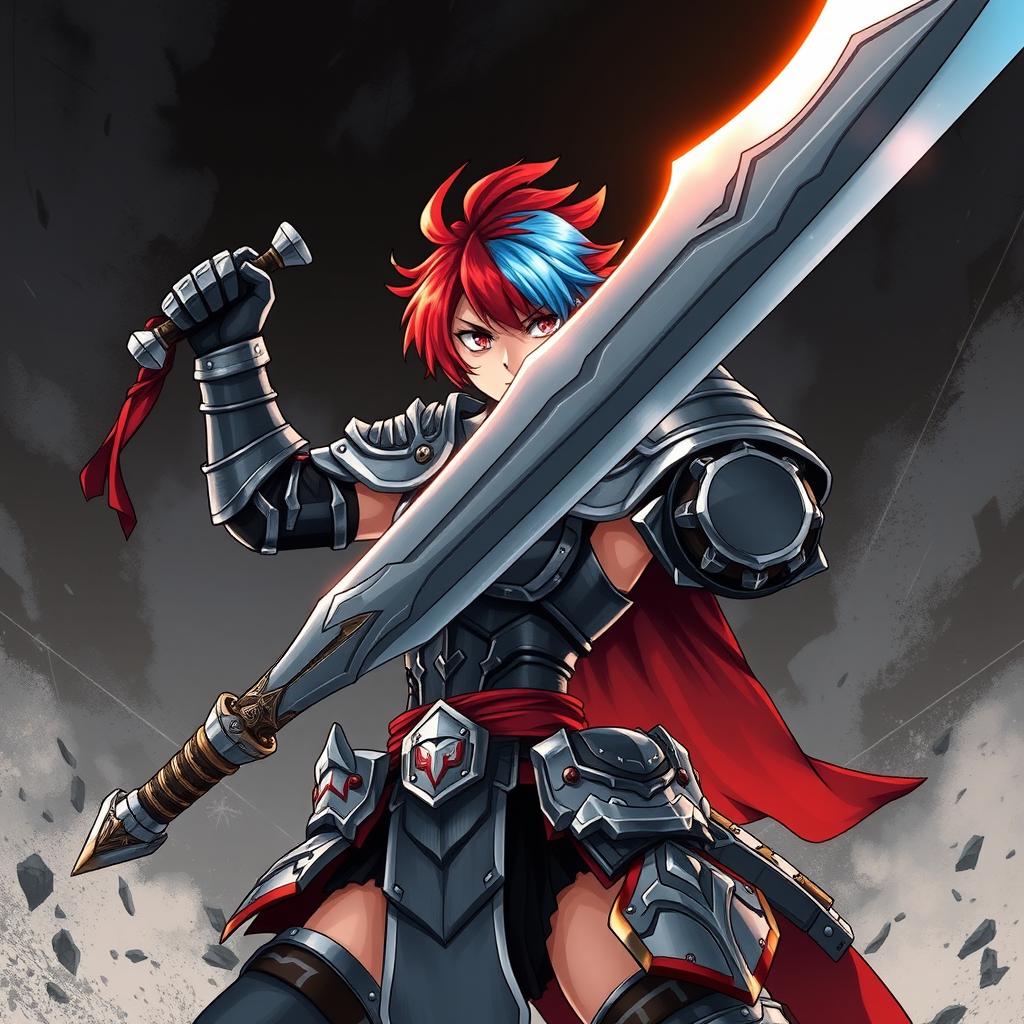 An agender human fighter with a female body type, depicted as tough and formidable, raising a massive greatsword in a dynamic battle stance