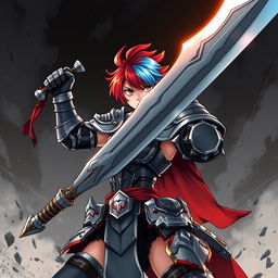 An agender human fighter with a female body type, depicted as tough and formidable, raising a massive greatsword in a dynamic battle stance