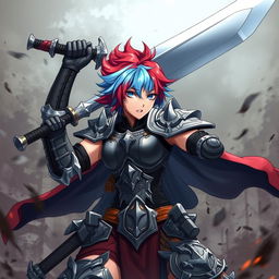 An agender human fighter with a female body type, depicted as tough and formidable, raising a massive greatsword in a dynamic battle stance