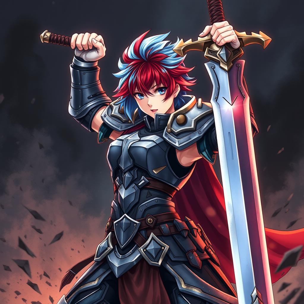 An agender human fighter with a female body type, depicted as tough and formidable, raising a massive greatsword in a dynamic battle stance