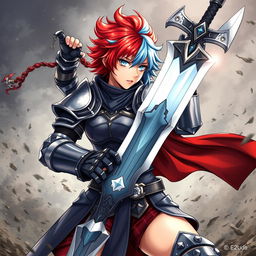 An agender human fighter with a female body type, depicted as tough and formidable, raising a massive greatsword in a dynamic battle stance