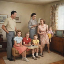 A cheerful 1950s family gathered in a home filled with mid-century furniture, wearing era-appropriate clothing, and enjoying common pastimes such as watching a vintage television or listening to a vinyl record.