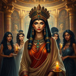 A stunning portrayal of Cleopatra, the ancient Egyptian queen, in an opulent, luxurious chamber filled with rich tapestries and golden accents