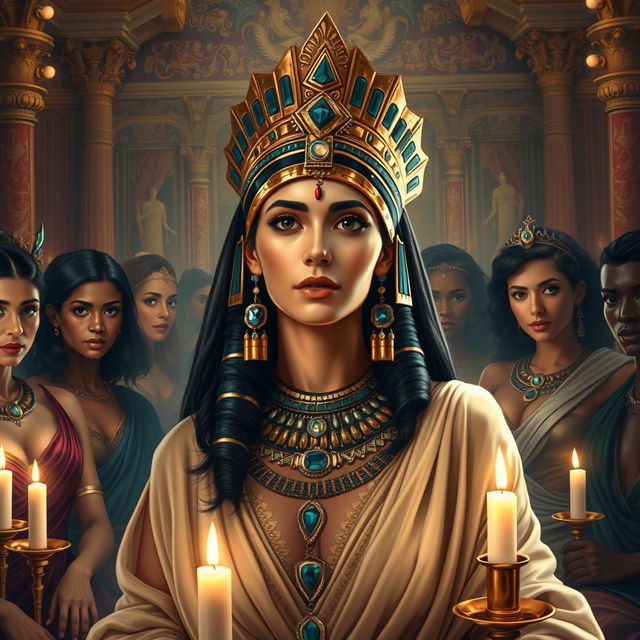 A stunning portrayal of Cleopatra, the ancient Egyptian queen, in an opulent, luxurious chamber filled with rich tapestries and golden accents