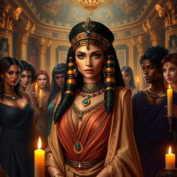 A stunning portrayal of Cleopatra, the ancient Egyptian queen, in an opulent, luxurious chamber filled with rich tapestries and golden accents