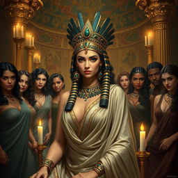 A stunning portrayal of Cleopatra, the ancient Egyptian queen, in an opulent, luxurious chamber filled with rich tapestries and golden accents