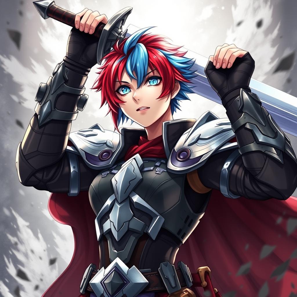 An agender human fighter with a female body type and a masculine face, portrayed as tough and determined, raising a massive greatsword high in a commanding battle stance