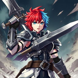 An agender human fighter with a female body type and a masculine face, portrayed as tough and determined, raising a massive greatsword high in a commanding battle stance