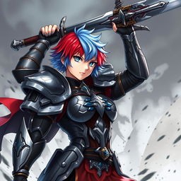 An agender human fighter with a female body type and a masculine face, portrayed as tough and determined, raising a massive greatsword high in a commanding battle stance