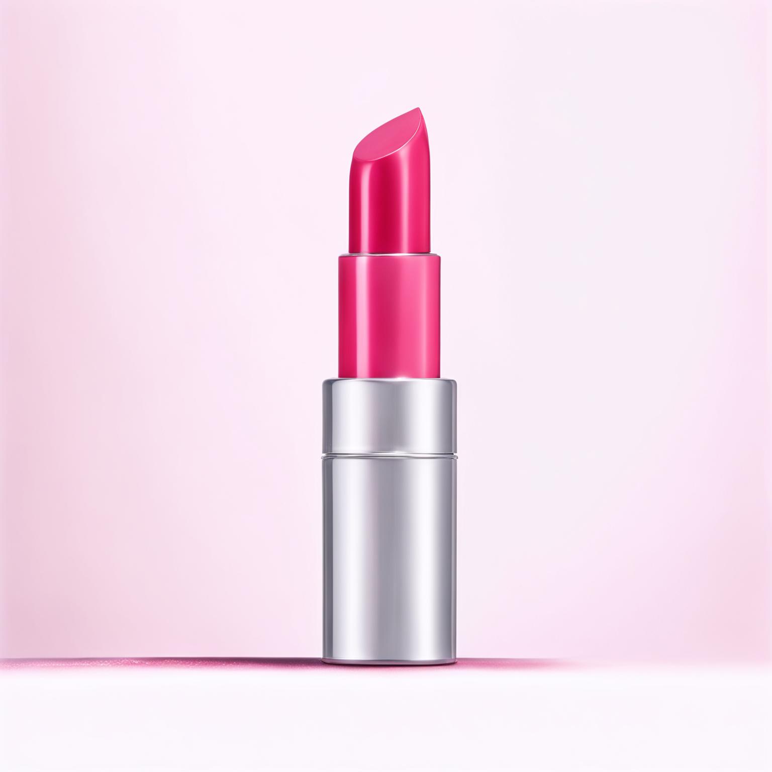 A vibrant pink lipstick in a sleek silver tube stands out against a stark white background in this minimalistic product editorial photograph.
