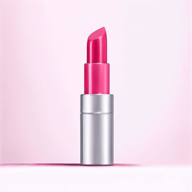 A vibrant pink lipstick in a sleek silver tube stands out against a stark white background in this minimalistic product editorial photograph.