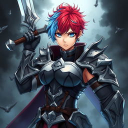 An agender human fighter with a female body type and a masculine face, depicted as tough and ready for battle, raising a massive greatsword in a powerful and commanding stance