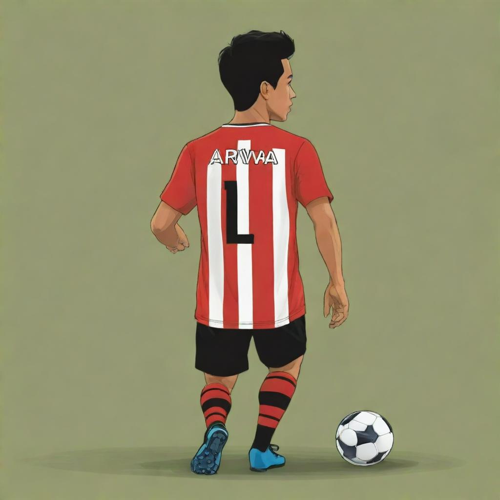 Design a vector-style image of an Indonesian soccer player named Arva, wearing a striped red and black jersey, with number 12. The subject is walking, facing backward.