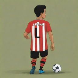 Design a vector-style image of an Indonesian soccer player named Arva, wearing a striped red and black jersey, with number 12. The subject is walking, facing backward.