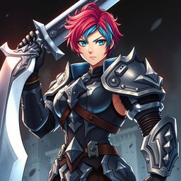 An agender human fighter with a female body type and a masculine face, depicted as tough and ready for battle, raising a massive greatsword in a powerful and commanding stance