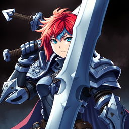 An agender human fighter with a female body type and a masculine face, depicted as tough and ready for battle, raising a massive greatsword in a powerful and commanding stance