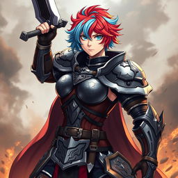 An agender human fighter with a female body type and a masculine face, depicted as tough and ready for battle, raising a massive greatsword in a powerful and commanding stance