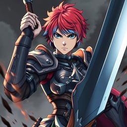 An agender human fighter with a female body type and a masculine face, portrayed as tough and formidable, raising a massive greatsword in a dramatic battle pose