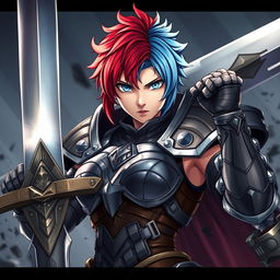 An agender human fighter with a female body type and a masculine face, portrayed as tough and formidable, raising a massive greatsword in a dramatic battle pose